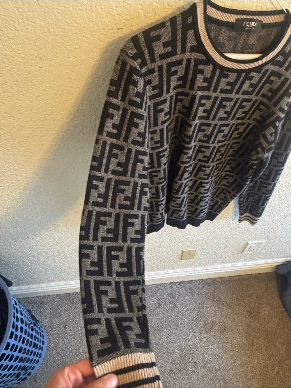 Fendi Monogram Knit Sweater in Black & Gray with Pink Trim